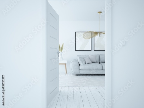 Mały biały przytulny elegancki pokój salon z ozdobną lampą zwisającą wygodną dużą sofą i wystrojem boho
