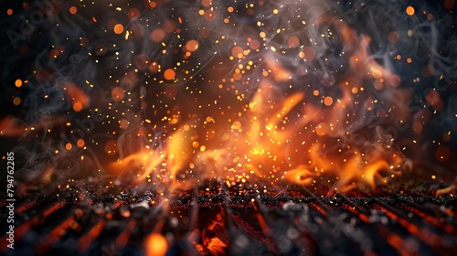 Fiery sparks and smoke overlay on a transparent background, depicting realistic grill heat glow and flying orange sparkles in a vector illustration