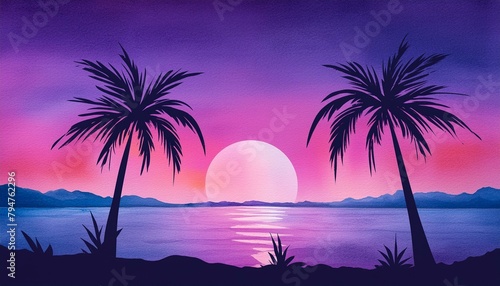 sunset on the beach tree national landscape evening minimalist watercolor illustration of monolith
