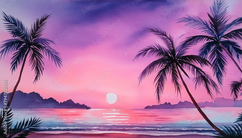 sunset on the beach, minimalist watercolor  illustration of monolith