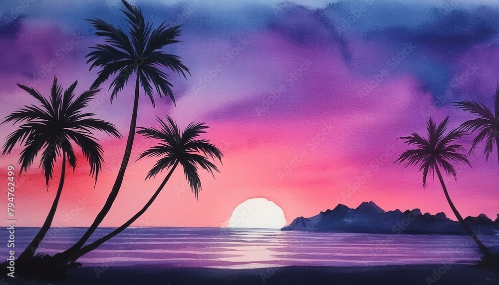 sunset over the sea, minimalist watercolor  illustration of monolith