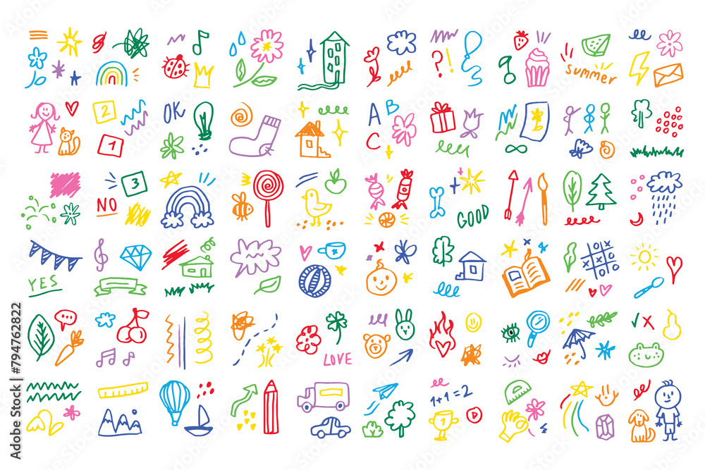 Doodle kids color set. Hand drawn simple decorative elements. Various icons, hearts, stars, lines