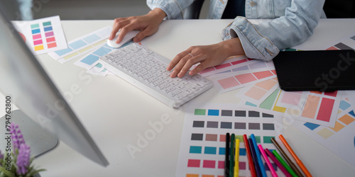 Asian woman graphic designer working in home office. Artist creative designer illustrator graphic skill concept