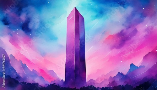 state monument at night, Abstract, minimalist watercolor picture illustration of monolith photo