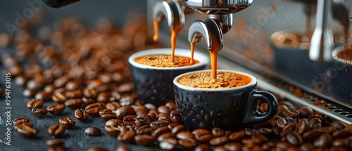Pulling Espresso Shots: A Scene of Cups Surrounded by Coffee Beans and Machine. Concept Espresso Shots, Coffee Beans, Espresso Machine, Scenes of Cups, Brewing Process photo