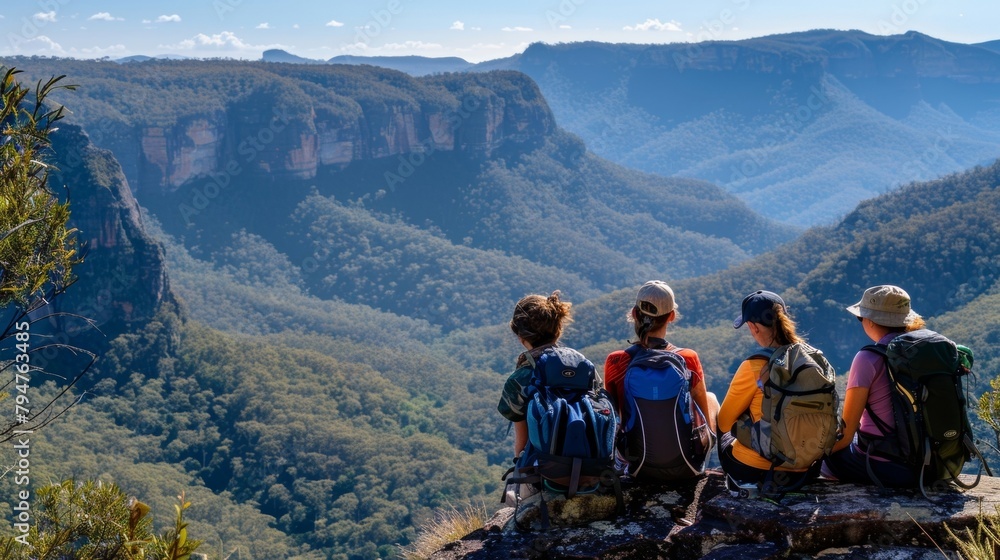 Fototapeta premium A group of hikers takes a welldeserved break sitting on a cliff edge with backs towards the camera as they admire the scenic . .