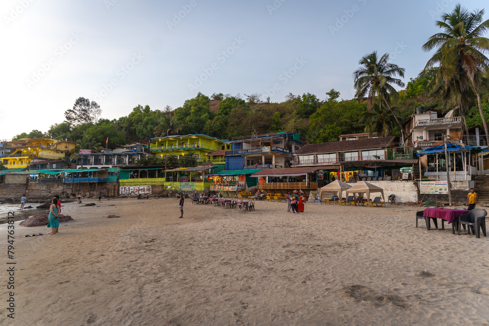 Beach restaurant shacks and sunbeds on Arambol beach in north Goa, India
Beach restaurant shacks and sunbeds on Arambol beach in north Goa, India