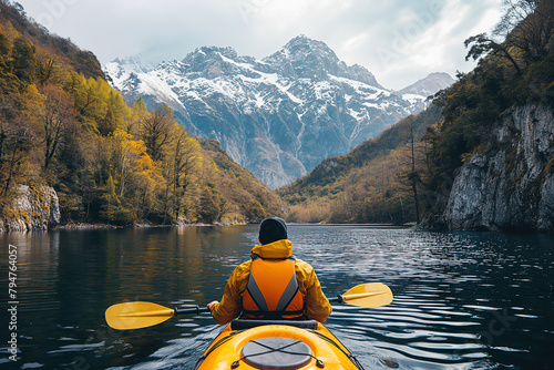 back of a male kayaker kayaking on a lake with a scene of snowy peaks mountains and forest in autumn © alexkoral