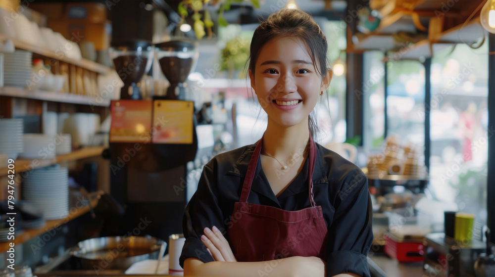 Portrait of young beautiful Asian female barista smiling in coffee shop.