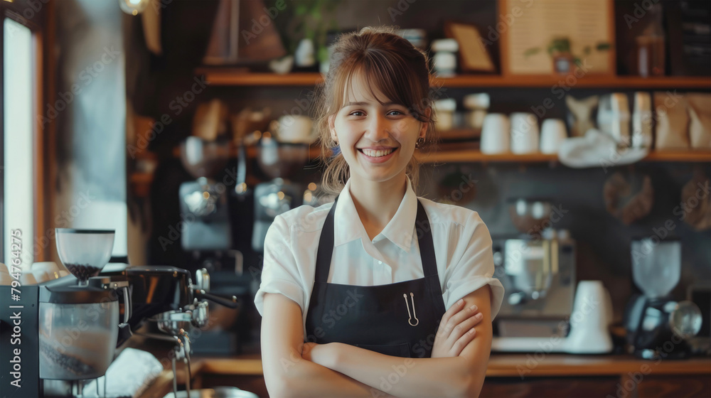 Portrait of beautiful barista facing the camera smiling happily, aesthetic cafe coffeeshop background