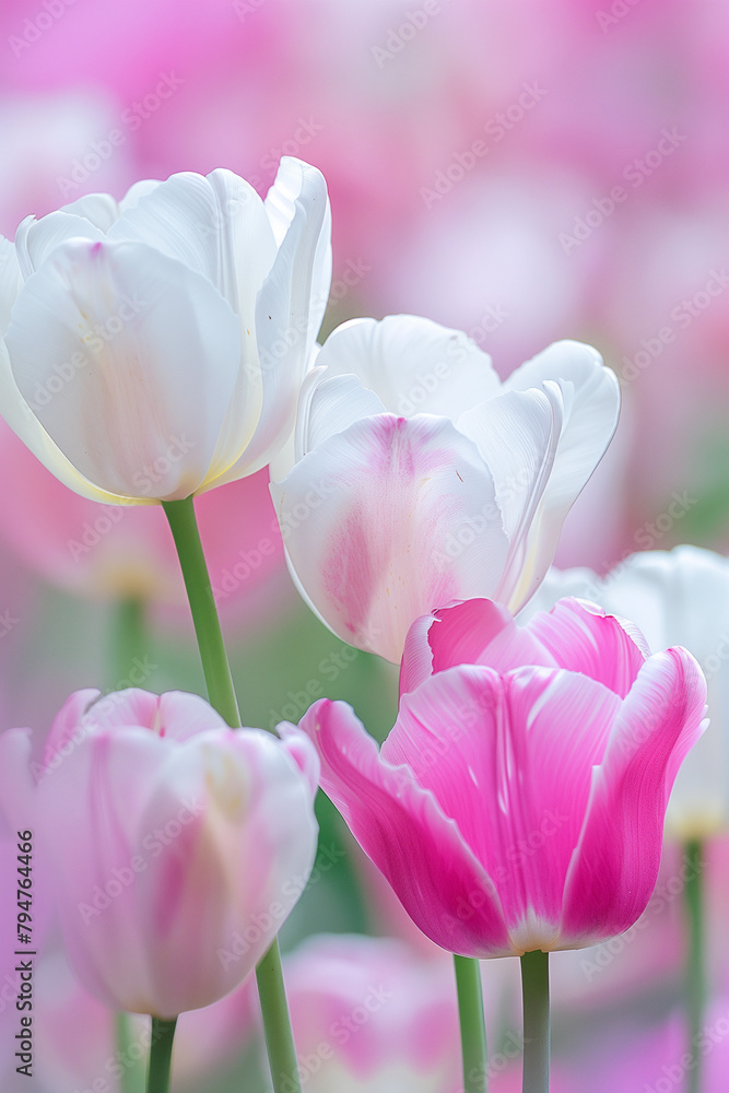 **Pink and white tulips in the garden, soft focus photography, primitivism, high resolution, macro stock photo, natural light, professional color grading, clean sharp focus, soft shadows
