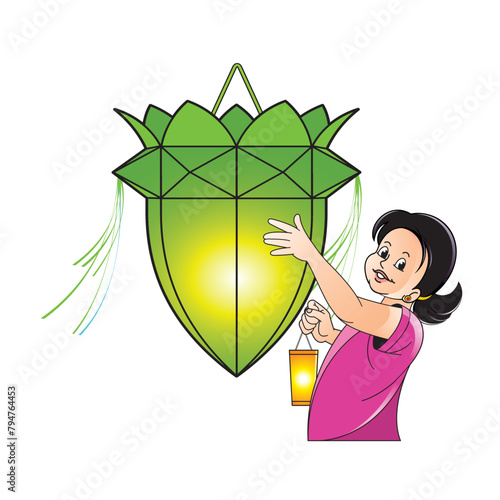 isolated happy girl with vesak lantern 