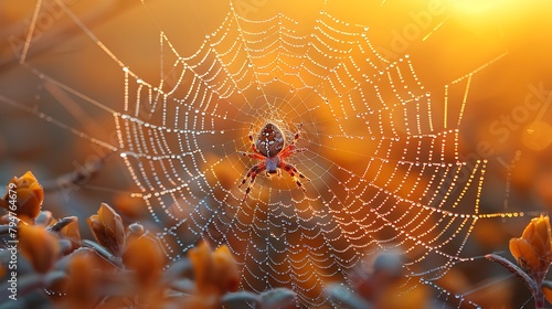 Discover the delicate intricacies of a spider's web, its gossamer threads sparkling with dewdrops in the early morning light. photo