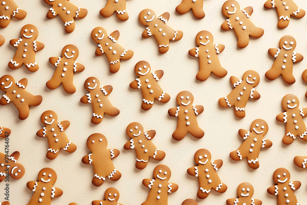 A row of gingerbread men are smiling and lined up on a table. Concept of warmth and happiness, as the gingerbread men are depicted as cheerful and friendly