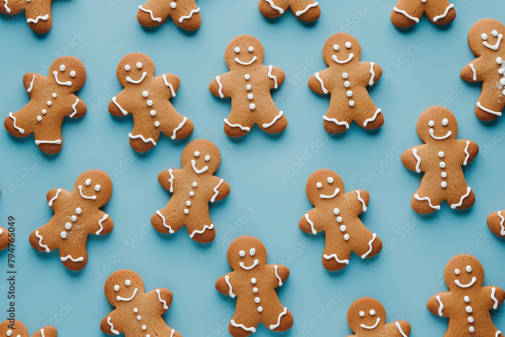 A row of gingerbread men are smiling on a blue background. The cookies are decorated with icing and have white dots on their faces A row of gingerbread men are smiling on a blue background. The cookies are decorated with icing and have white dots on their faces