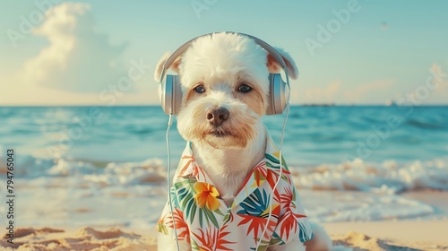 A relaxed dog on a sandy beach with headphones, symbolizing leisure, a summer trip, and the ultimate holiday relaxation with space on the sign for your message