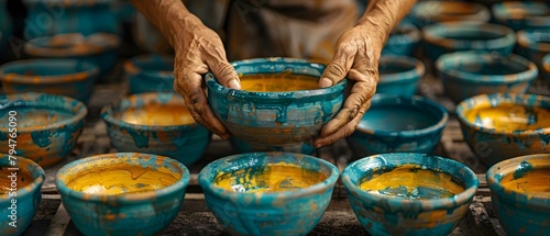 Artisans in Sukhothai craft nature-inspired pottery with colors from the environment. Concept Craftsmanship, Pottery, Sukhothai, Artisans, Nature-inspired