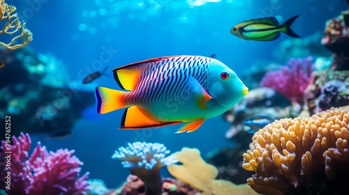 Close-up of a tropical fish swimming gracefully in a vibrant coral reef aquarium  illustrating the beauty and diversity of aquatic life.