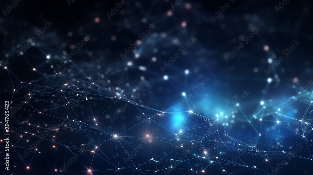 High-tech abstract background with floating digital particles and network connection lines, ideal for technology conference graphics. High-tech abstract background with floating digital particles and network connection lines, ideal for technology conference graphics.