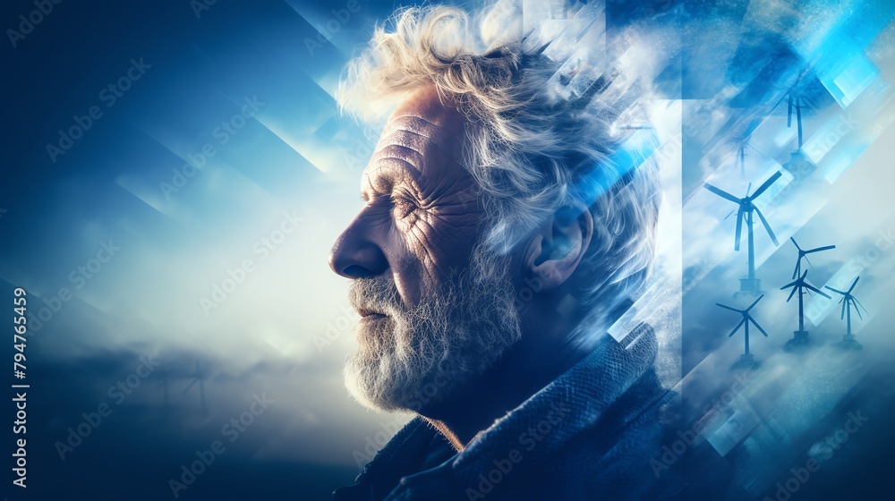 Fototapeta premium Inspirational double exposure photo featuring a content old man overlaid with wind turbines and a lively sky, illustrating the connection between people and renewable energy for a sustainable environm