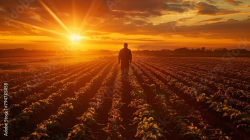 As the sun begins to set a lone figure walks ast the rows of rid crops silhouette reflecting the peacefulness of a successful . . photo