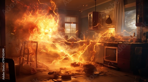 Indoor scene depicting a fiery accident caused by a short-circuiting electrical plug, serving as a warning about home safety and fire risks. photo