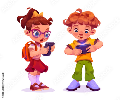 Kids playing game on mobile phone. Cartoon vector illustration set of little boy and girl with backpack standing and using smartphone. Cute happy smiling children player with digital gadget.