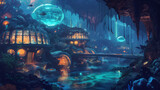 An advanced alien civilization under the ocean, with bioluminescent architecture and exotic sea creatures, vibrant and mysterious