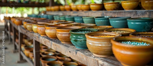Artisans in Sukhothai Craft Nature-Inspired Pottery Using Earth-Toned Colors. Concept Craftsmanship, Sukhothai, Pottery, Nature Inspiration, Earth Tones photo