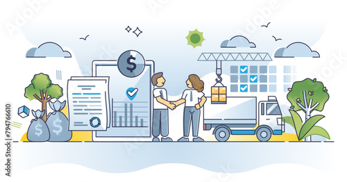 Procurement deal with suppliers for best product price outline concept, transparent background.Planning shipping logistics for supply chain process illustration.