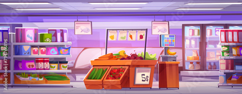 Supermarket interior with products in refrigerator and on shelves, vegetable on racks, scales for weighing food. Cartoon vector illustration of grocery hypermarket inside with equipment and goods.