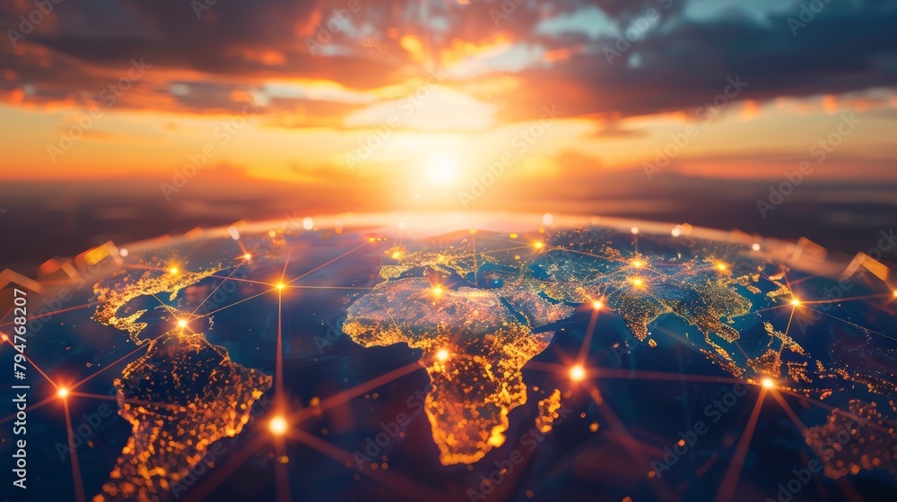 Illuminated Network Grid on Global Map at Dusk Illuminated Network Grid on Global Map at Dusk