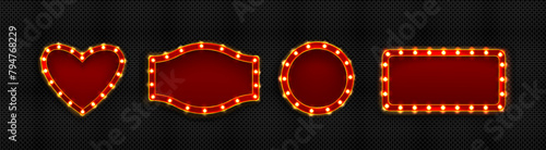 Retro red frame with light bulbs. Realistic vector illustration set of cinema or casino sign banner with lamps in form of heart, circle and rectangle. Circus or show border and signboard template.