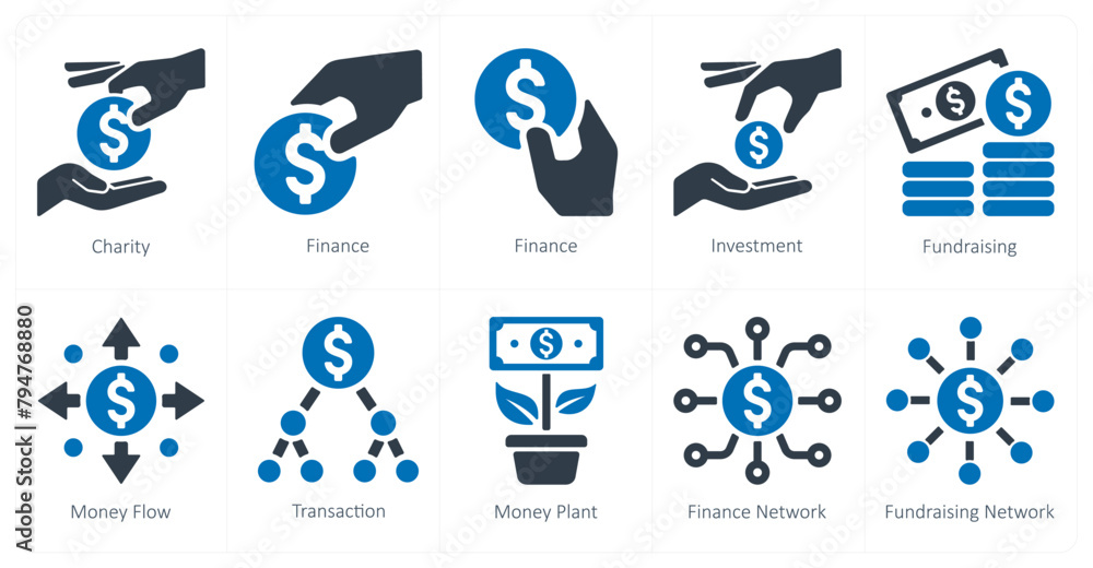 A set of 10 crowdfunding icons as charity, finance, investment
