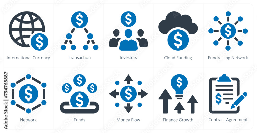 A set of 10 crowdfunding icons as international currency, transation, investors A set of 10 crowdfunding icons as international currency, transation, investors