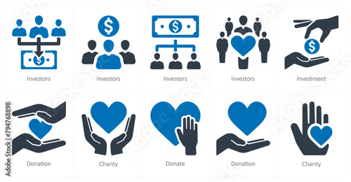 A set of 10 crowdfunding icons as investors, investment, donation