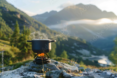 Propane-fueled portable stove with a cooking pot, situated on a boulder in a mountainous setting