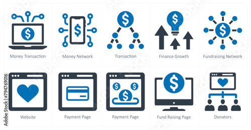 A set of 10 crowdfunding icons as money transation, money network, transaction