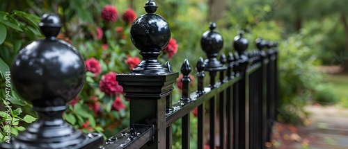 Detailed View of Black Finials on a Wrought Iron Fence. Concept Ironwork, Fence, Finials, Detailed View, Black Color photo