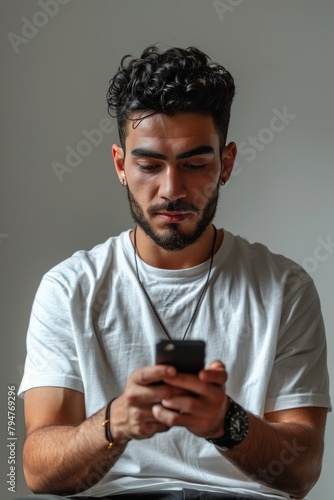 Young man using mobile smart phone. Isolated on gray background.