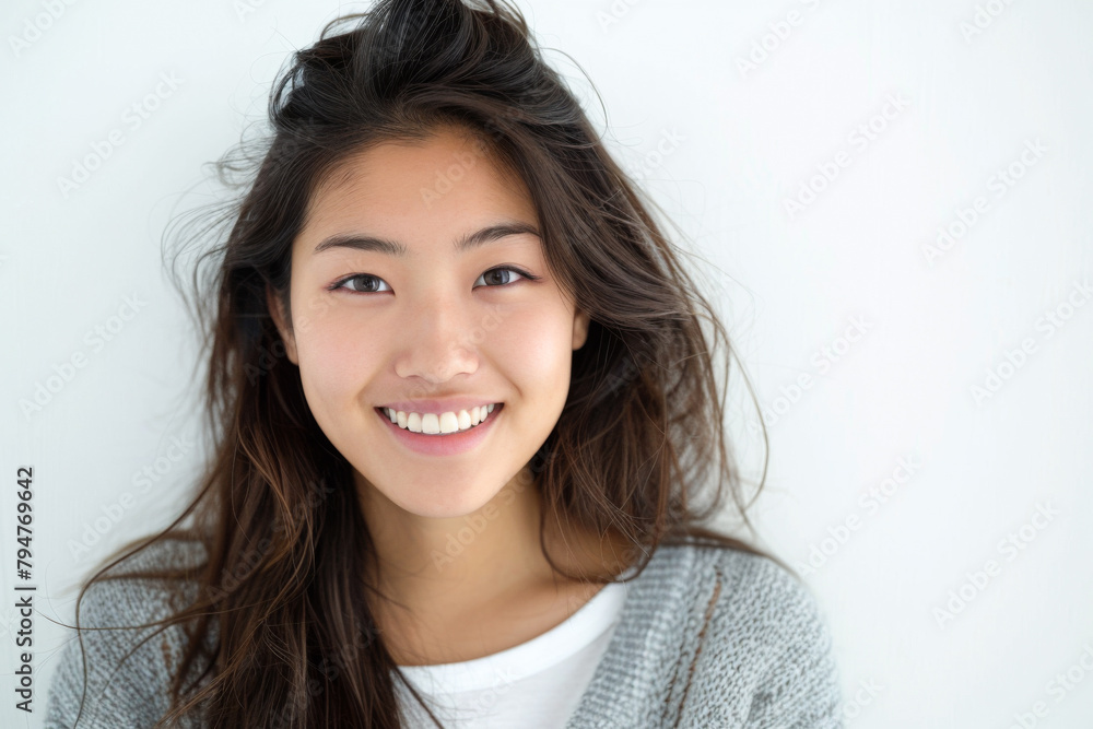 Beautiful studio portrait of young, stylish asian woman, long hair, smiling and looking at camera with confidence on white background Beautiful studio portrait of young, stylish asian woman, long hair, smiling and looking at camera with confidence on white background