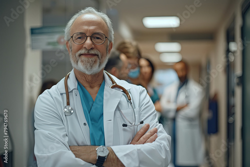 Cheerful senior physician standing tall in a hospital hallway, flanked by colleagues Confident doctor with arms crossed, making eye contact with the camera photo