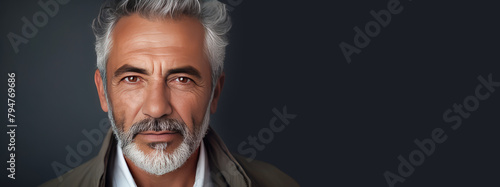 Handsome elderly elegant latino with gray hair, on a silver background, banner, active aging. photo