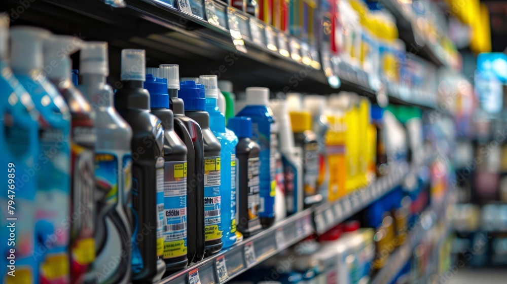 A closeup of a store shelf in an automotive shop filled with a wide assortment of different products for cars and vehicles