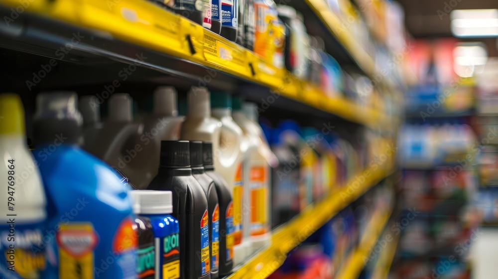A closeup view of a store shelf filled with a variety of different products in an automotive store aisle
