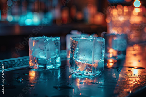 shot of ice cubes for mixed drinks, set in a dimly lit bar environment
