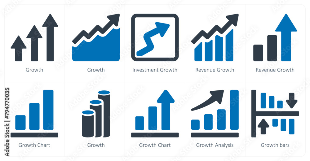 A set of 10 Diagrams and Reports icons as growth, investment growth, revenue growth A set of 10 Diagrams and Reports icons as growth, investment growth, revenue growth