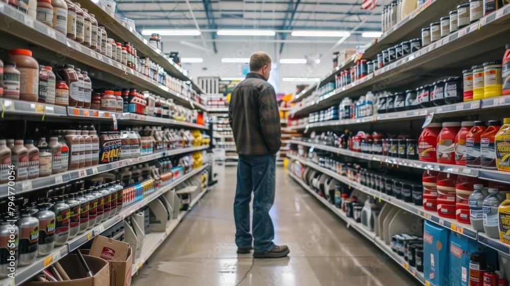 A man standing in a grocery store aisle, browsing through products on shelves