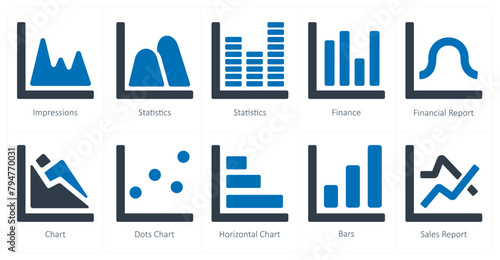 A set of 10 Diagrams and Reports icons as impressions, statistics, finance
