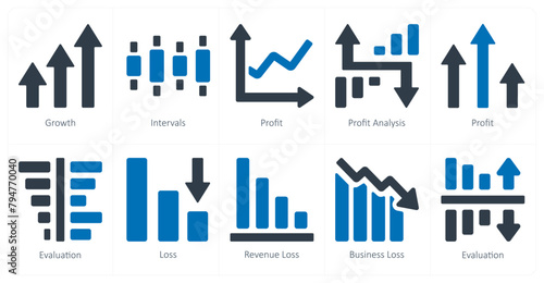 A set of 10 Diagrams and Reports icons as growth, intervals, profit